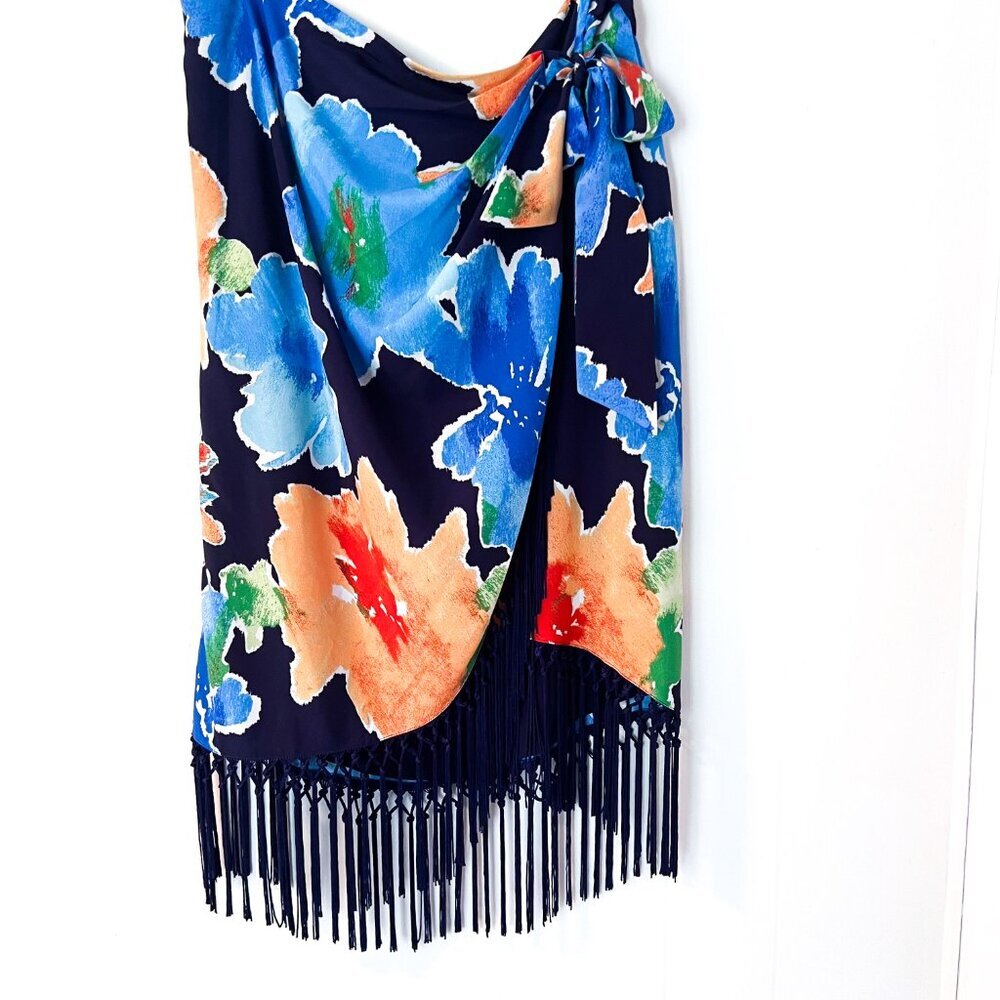 Lauren Ralph Lauren Navy Blue Floral Fringe Faux-Wrap Skirt Tropical Crepe Midi - Picture 6 of 12